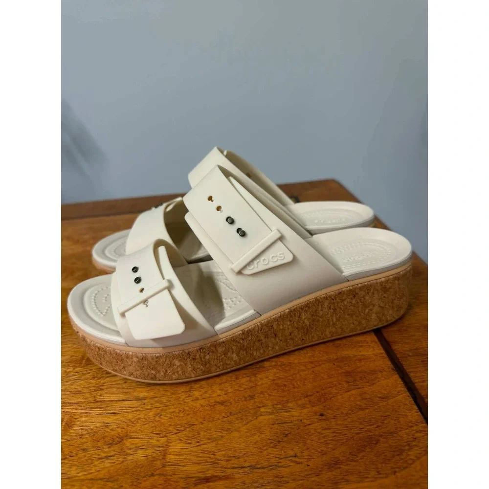 Crocs Brooklyn Low Wedge Sandals Stucco White Cork Platform Slides Womens 10